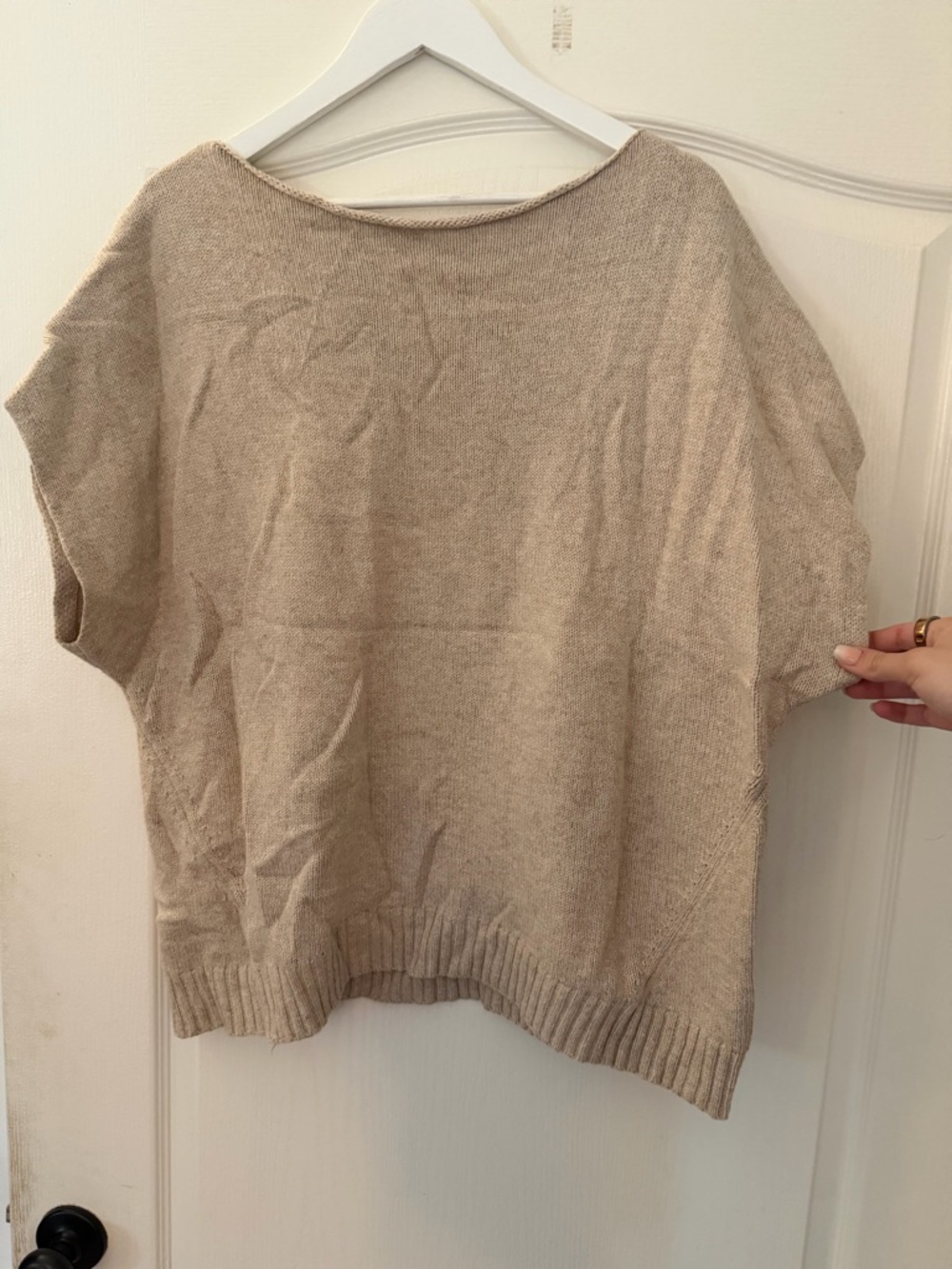 Beige Short-Sleeve Knit Sweater - Neutral Casual Top